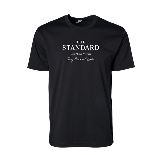 Black t-shirt with 'The Standard' text on a white background
