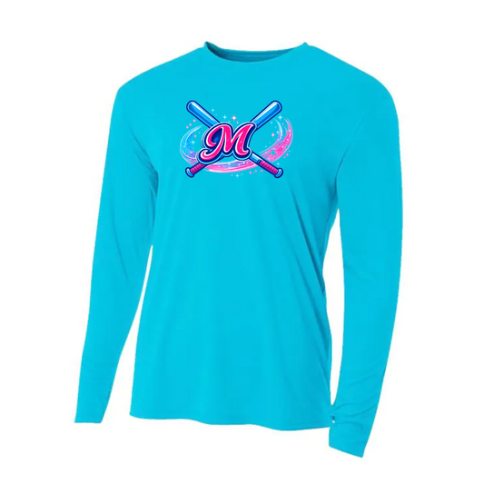 Turquoise long-sleeve shirt with 'M' design on a white background