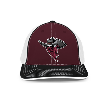 Maroon and white cap with a logo on a white background