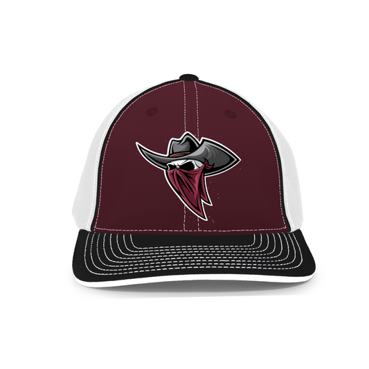 Maroon and white cap with a logo on a white background