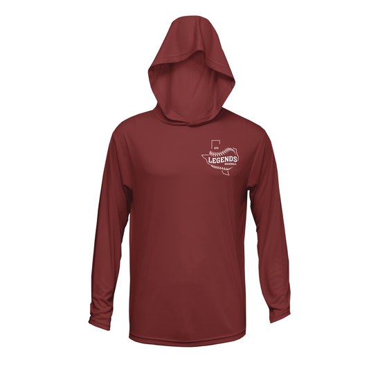 Maroon GTX Legends Hooded Shirt, GTX Legends Baseball Tee, Long Sleeve Hooded Legends Baseball