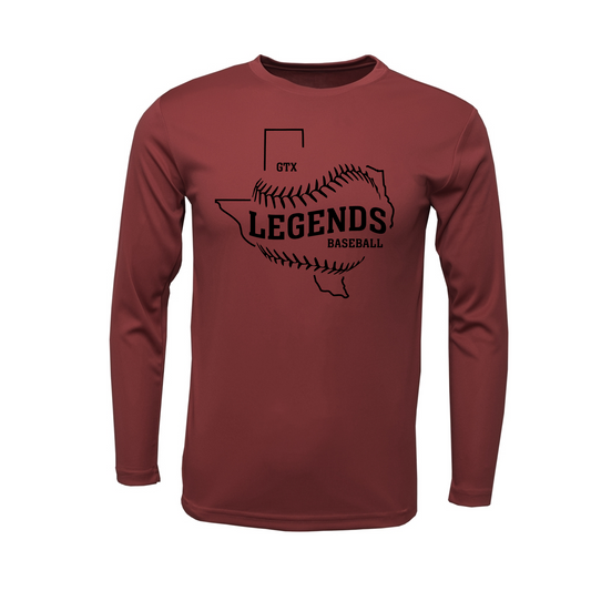 Maroon GTX Legends Long Sleeve Shirt, Legends Baseball Tee, GTX Legends Baseball Spiritwear