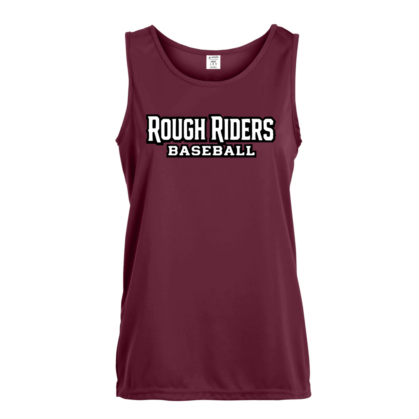 Maroon tank top with 'Rough Riders Baseball' text on a white background