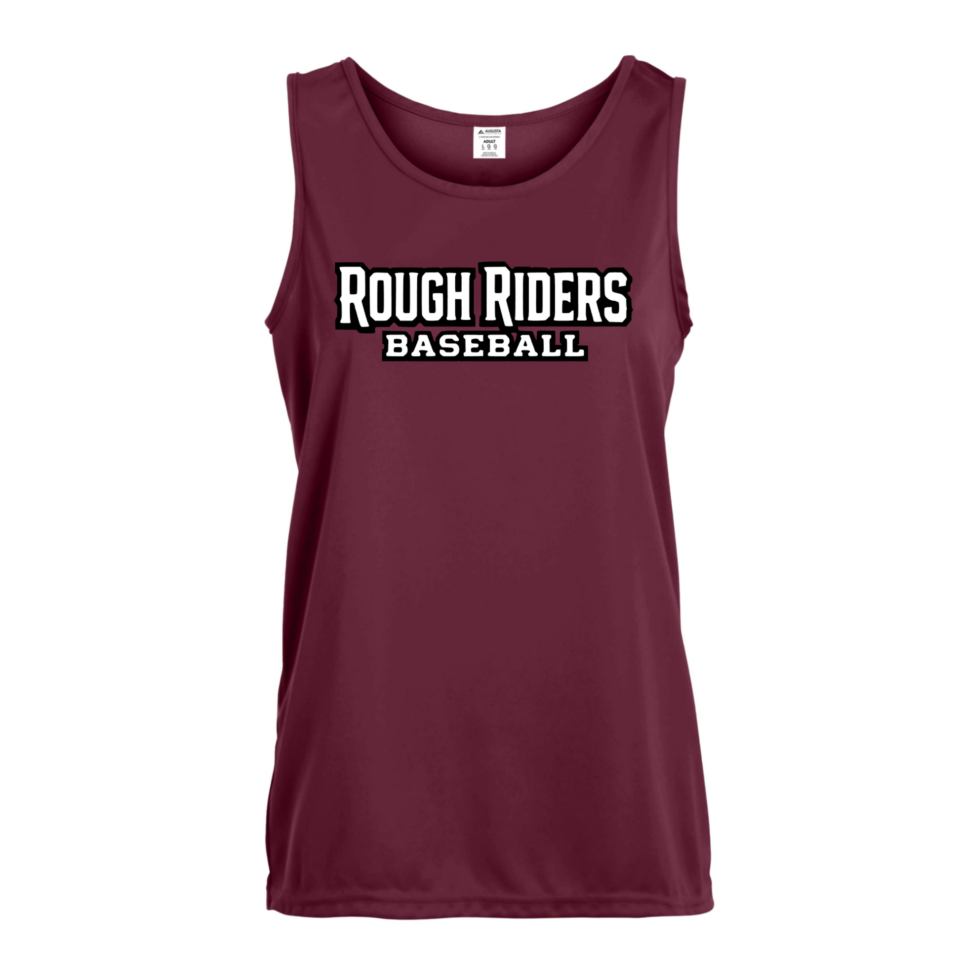 Maroon tank top with 'Rough Riders Baseball' text on a white background