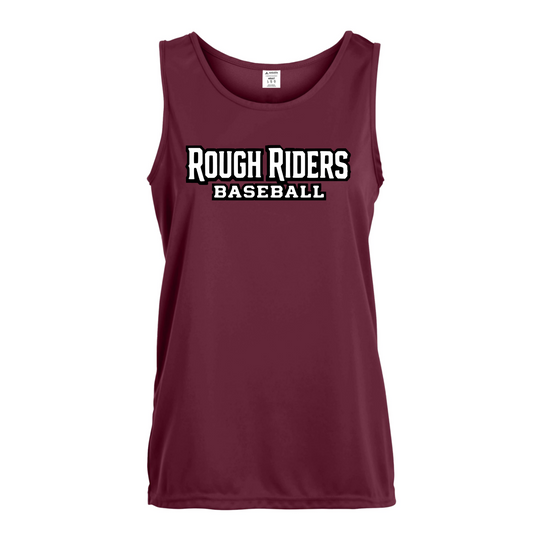 Maroon tank top with 'Rough Riders Baseball' text on a white background