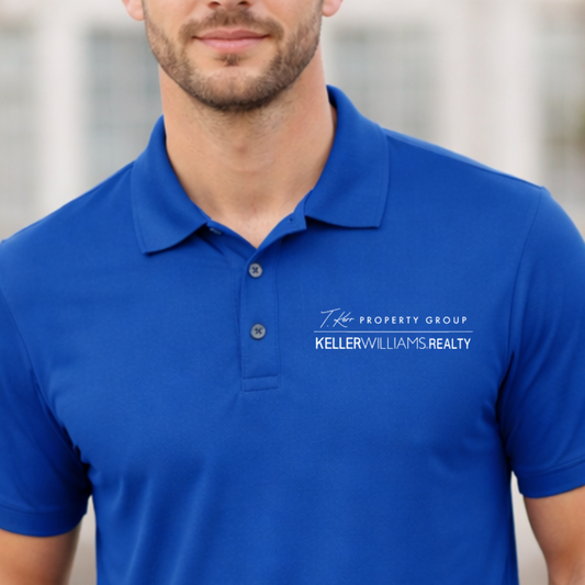 Blue polo shirt with a logo on the chest worn by a person, shown from front and back.