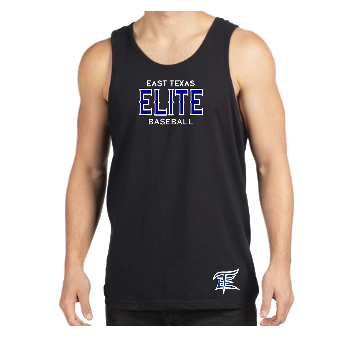 Mens East Texas Elite Logo Baseball Tank Top, Elite Baseball Black Tank, Royal Blue East Texas Elite Baseball Tank