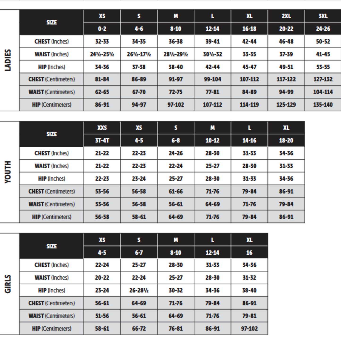 Measurement chart for women, girls, and youth with size chart in inches and centimeters.