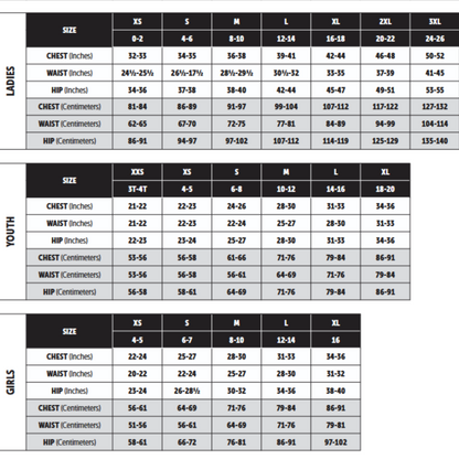 Measurement chart for women, girls, and youth with size chart in inches and centimeters.
