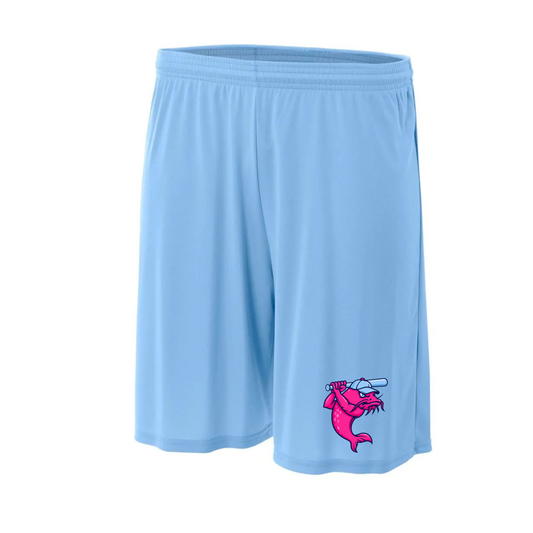 Light blue athletic shorts with a pink and white cartoon fish graphic on the lower left leg, shown against a plain white background.