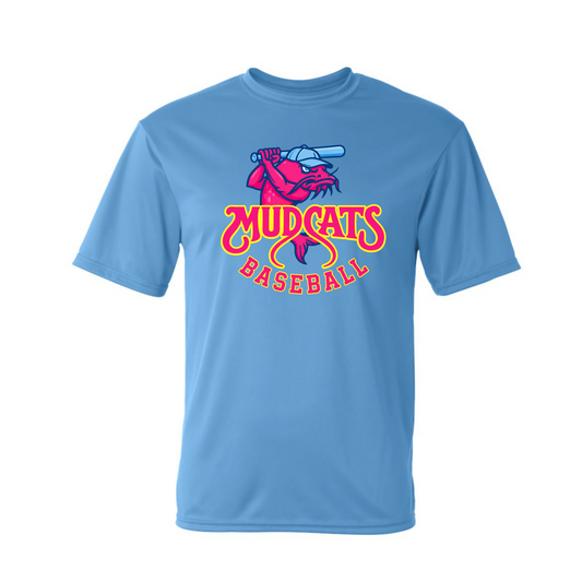 Blue t-shirt with 'Mudcats Baseball' logo on a white background