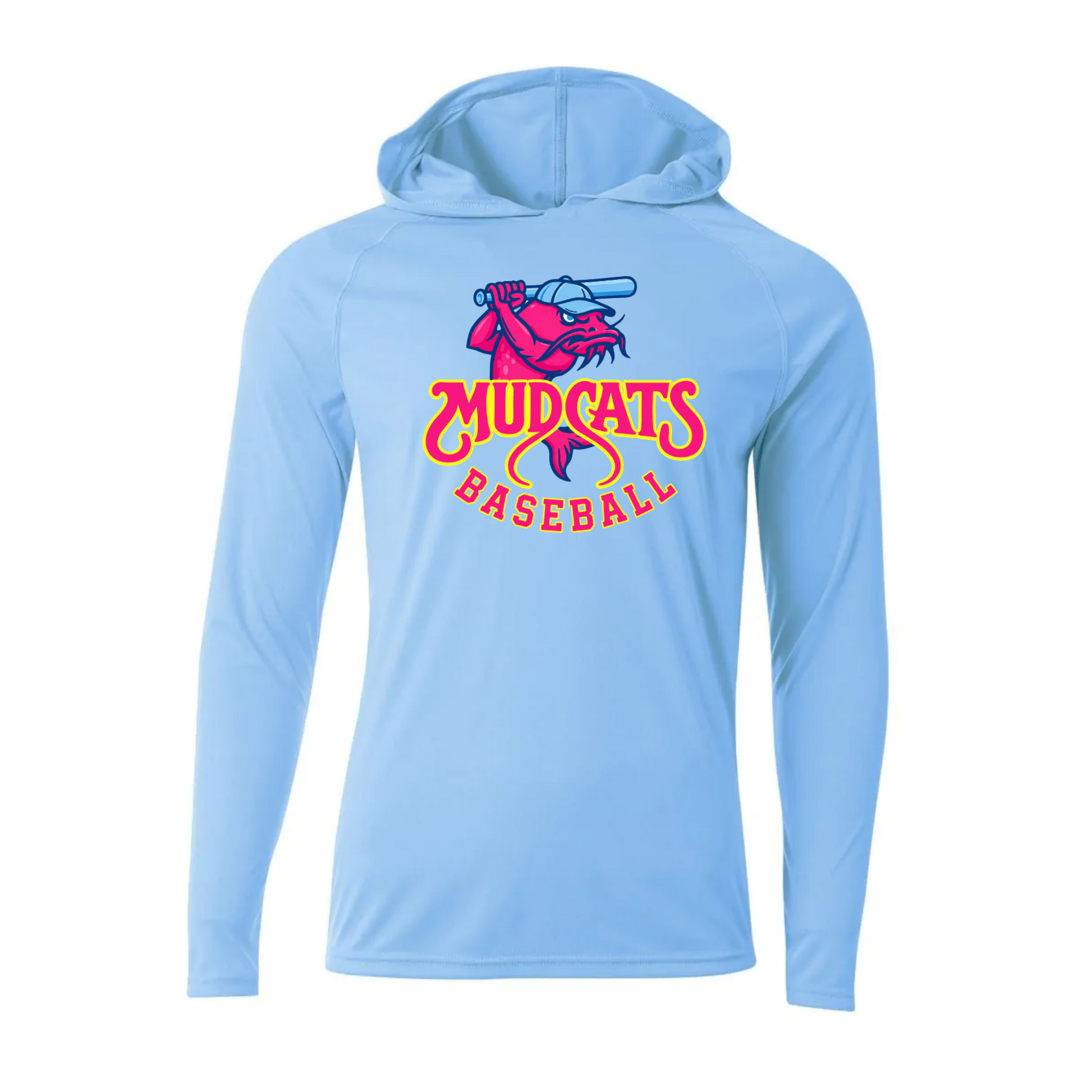 Light blue hoodie with 'Mudcats Baseball' logo on a white background