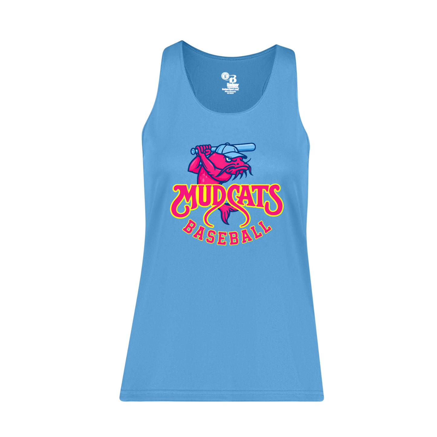 Blue tank top with 'Mudcats Baseball' logo on a white background
