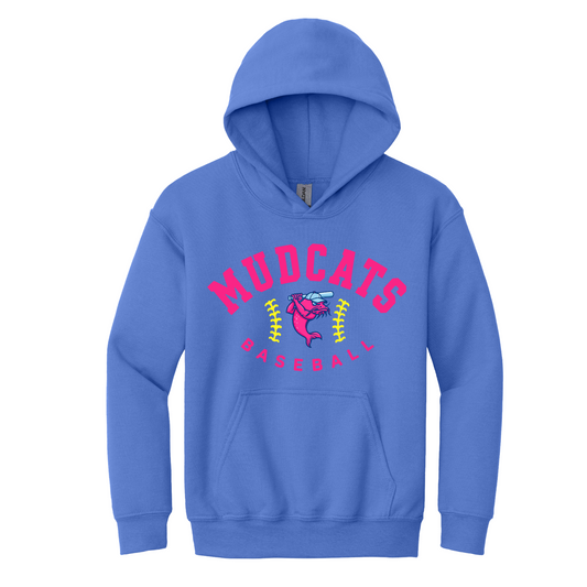 Blue hoodie with 'MUDCATS BASEBALL' text and logo on a white background
