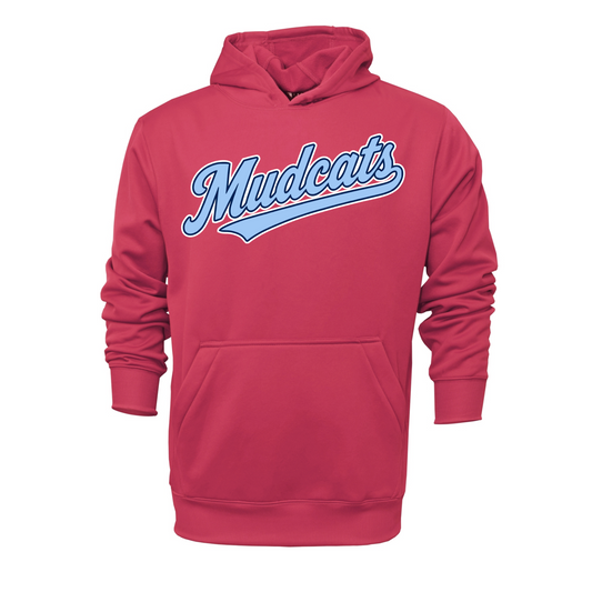 A pink pullover hoodie with a front kangaroo pocket and a light blue and white 'Mudcats' graphic across the chest, shown on a plain white background.
