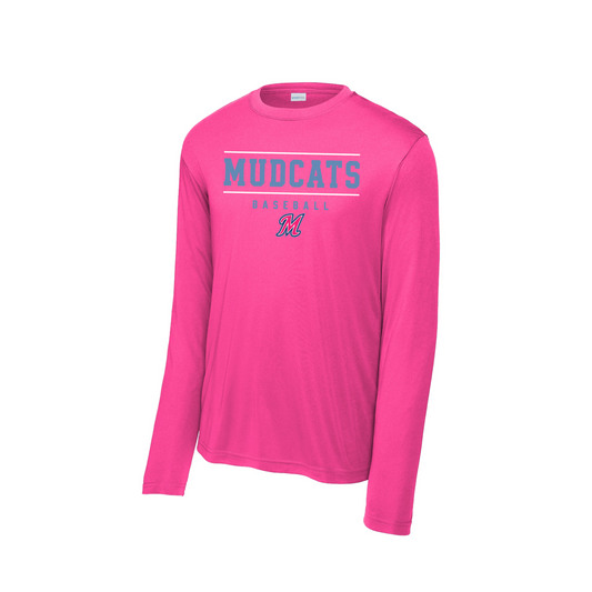 A bright pink long-sleeve athletic shirt with 'MUDCATS VOLLEYBALL' printed in light blue across the chest, shown on a plain white background.