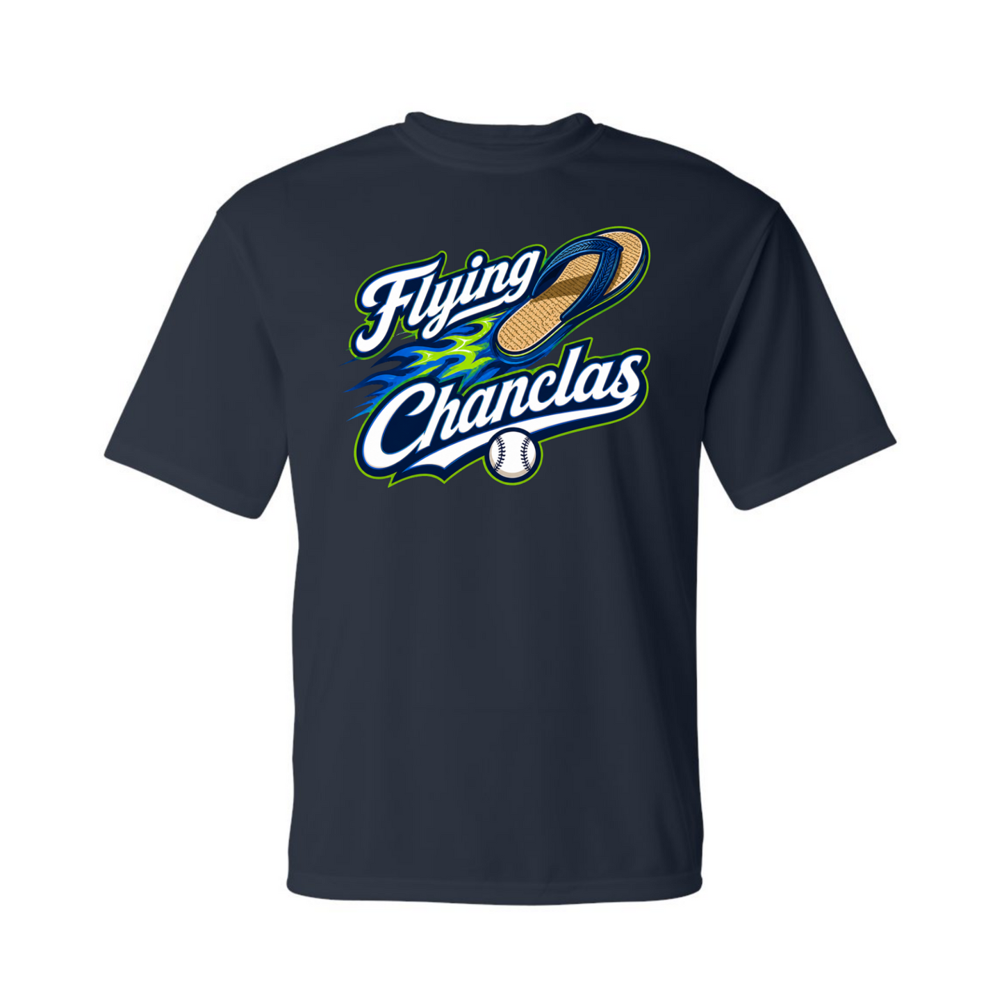 Navy blue t-shirt with 'Flying Chanclas' logo on a white background