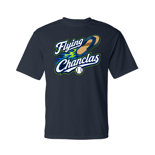 Navy blue t-shirt with 'Flying Chanclas' logo on a white background