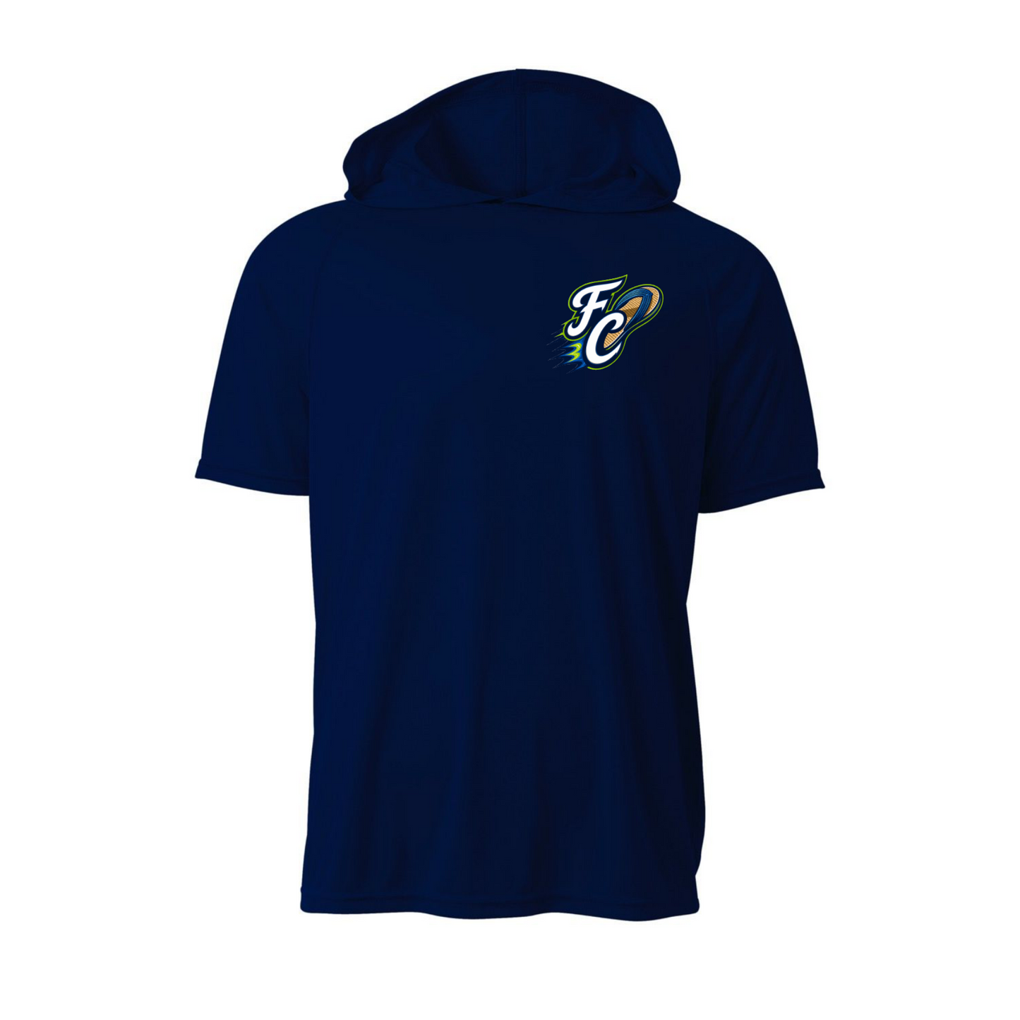 Navy blue hoodie with a logo on the chest against a white background