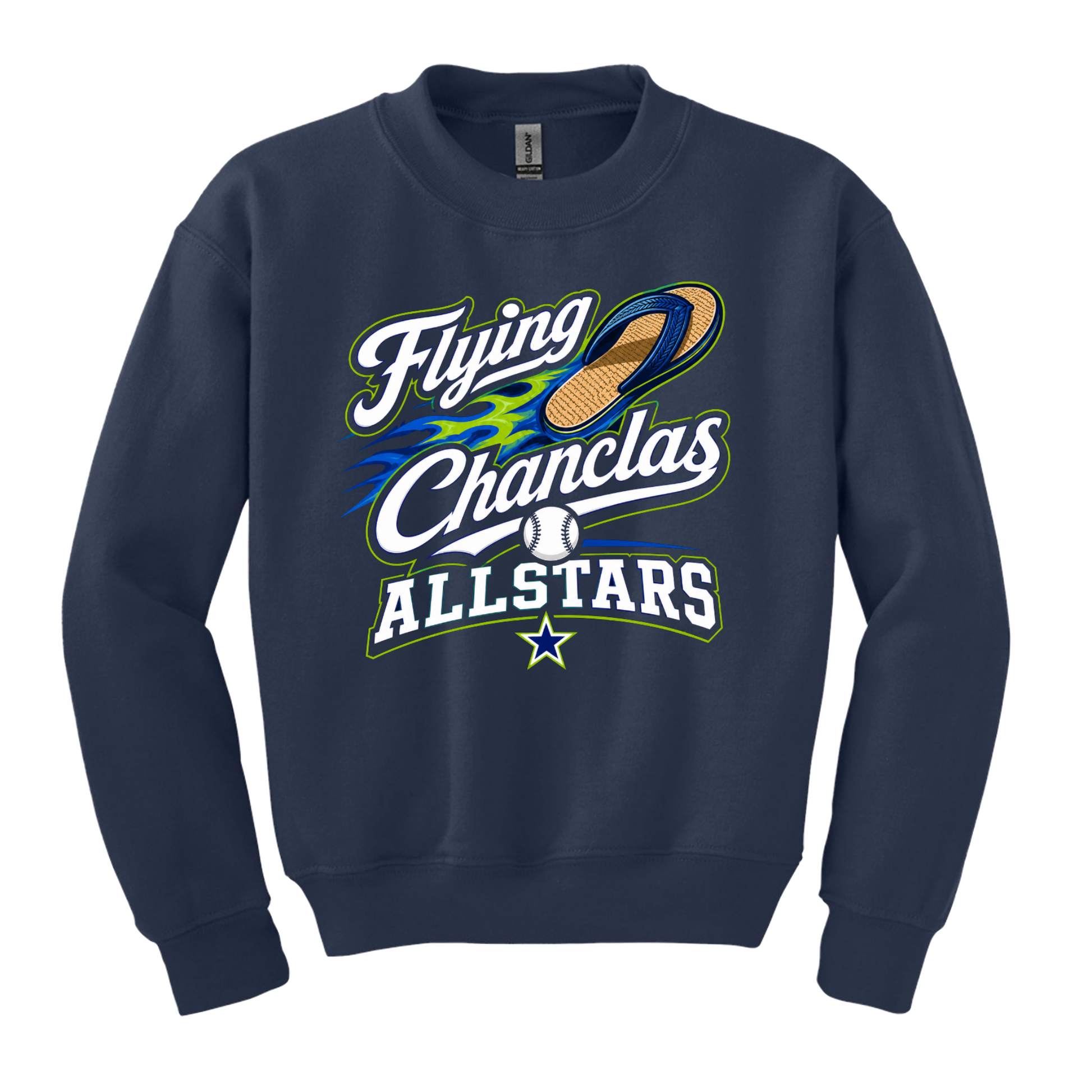 Navy blue sweatshirt with 'Flying Chanclas AllStars' text and graphics on a white background
