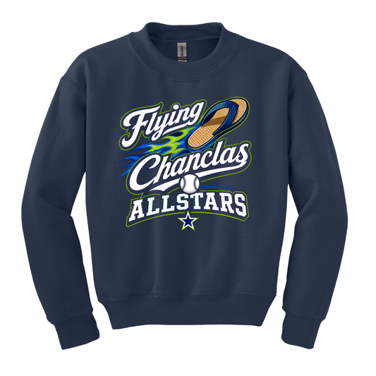 Navy blue sweatshirt with 'Flying Chanclas AllStars' text and graphics on a white background
