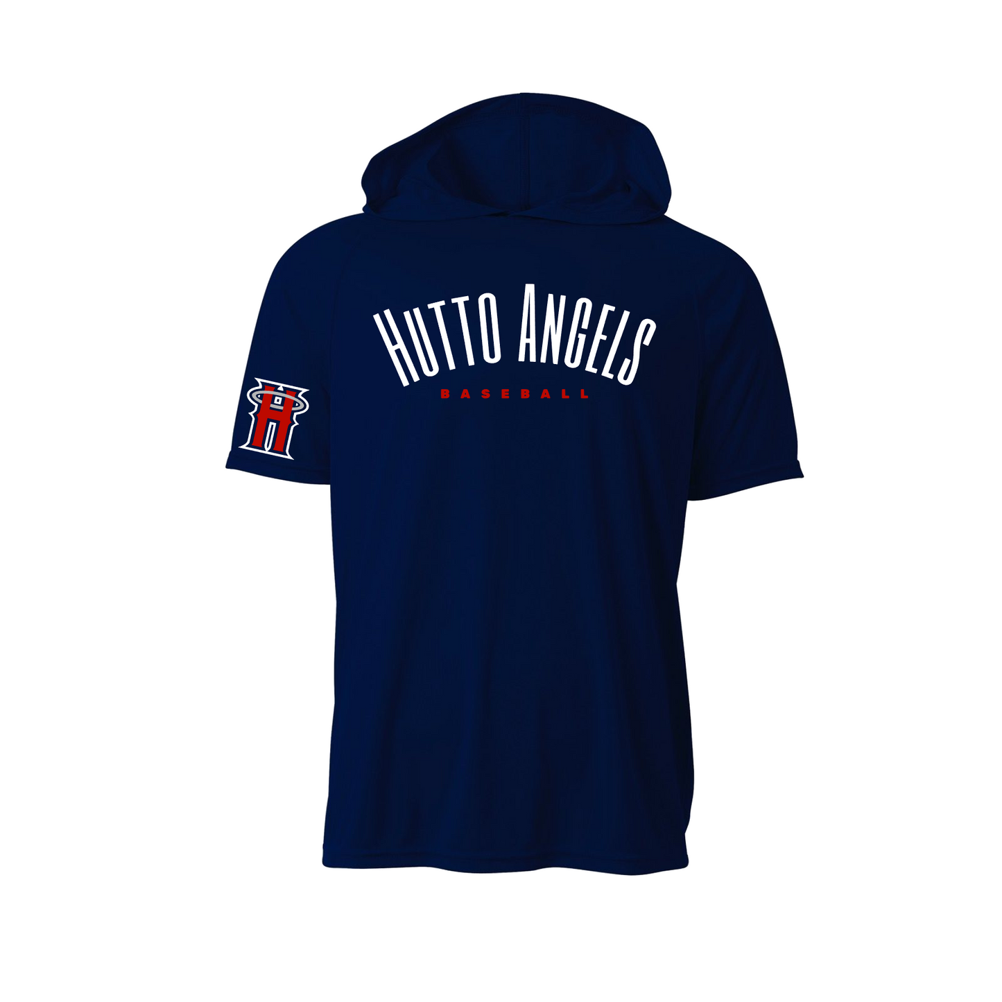 Navy Hooded Hutto Angels Shirt, Short Sleeve Hooded Tee, Hutto Angels Baseball Spiritwear