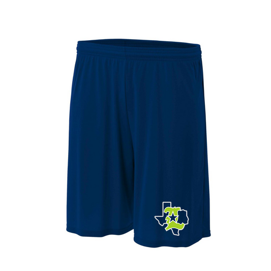 Blue shorts with a logo on a white background