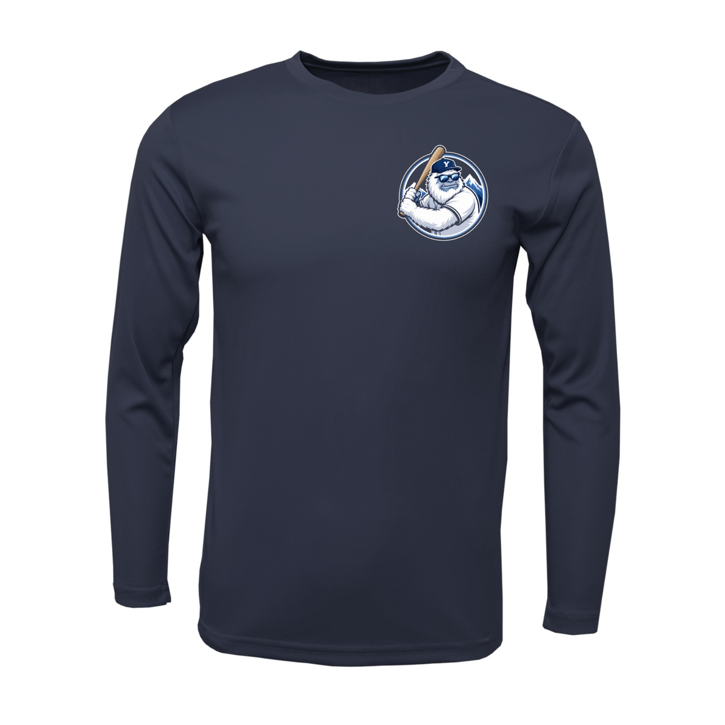 Navy long-sleeve shirt with a logo on the chest against a white background