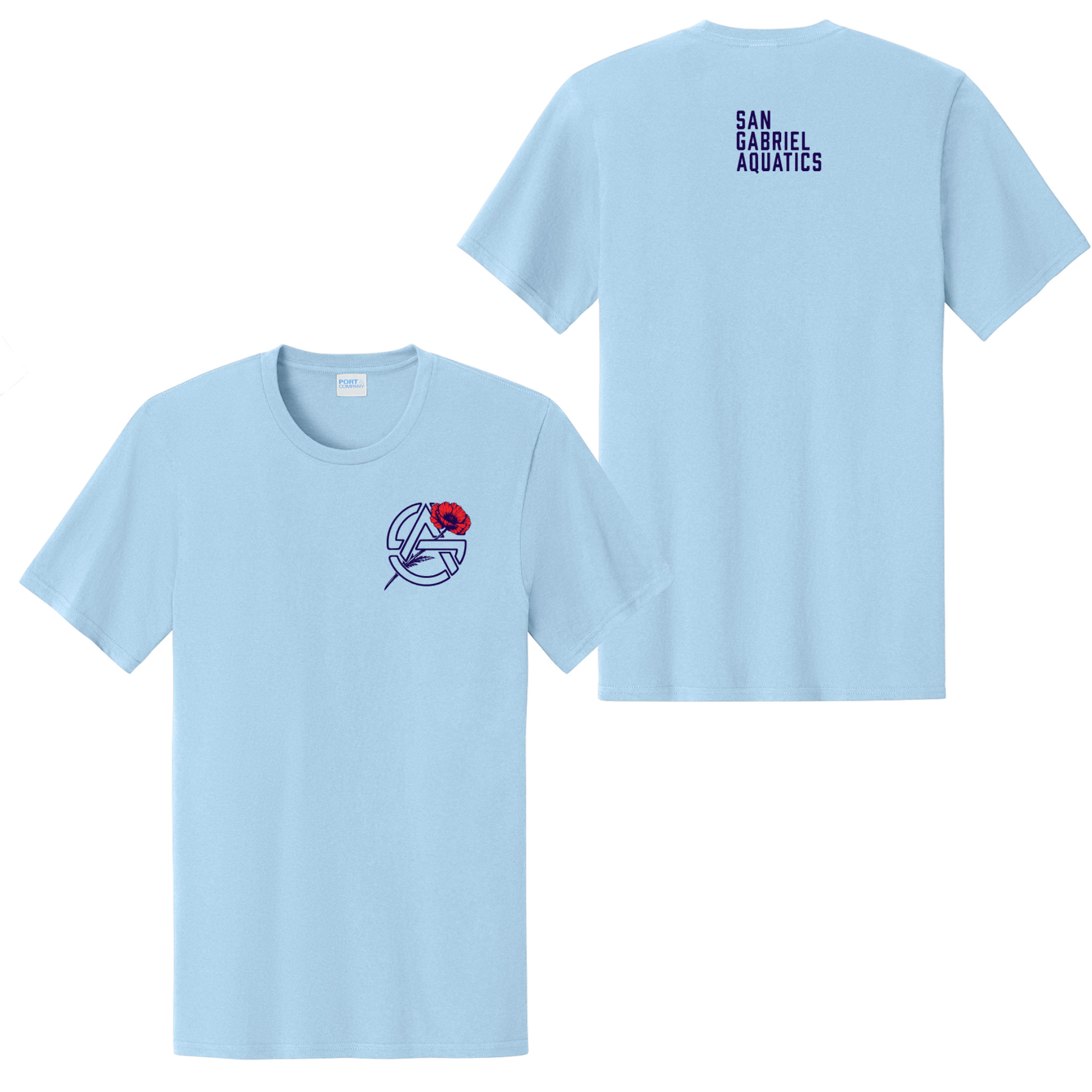 Light blue t-shirt with a logo on the front and text on the back, displayed on a white background.