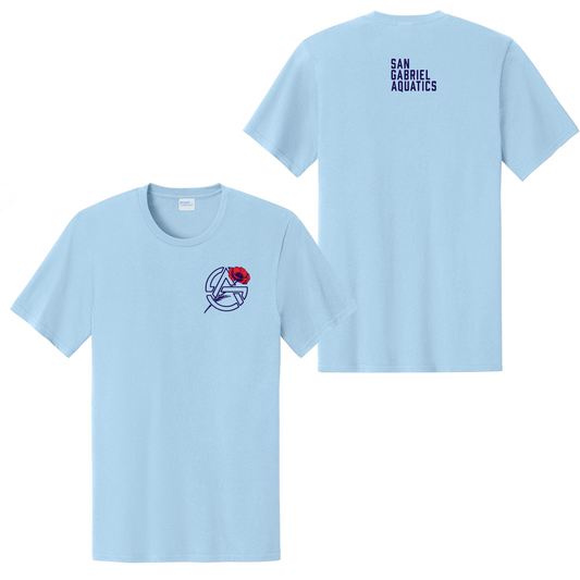 Light blue t-shirt with a logo on the front and text on the back, displayed on a white background.