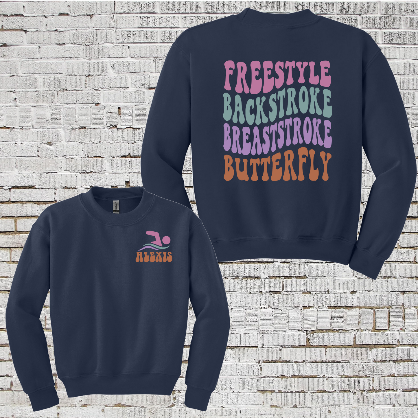 Personalized Name Swim Sweatshirt, Freestyle Backstroke Breaststroke Butterfly Swim Meet, Gift For Swimmer, Girls Swim Team Sweatshirt