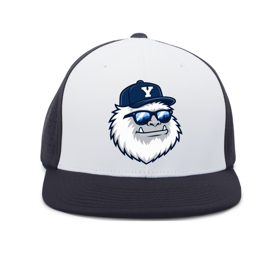 Trucker hat with a cartoon yeti wearing sunglasses and a cap on a white background
