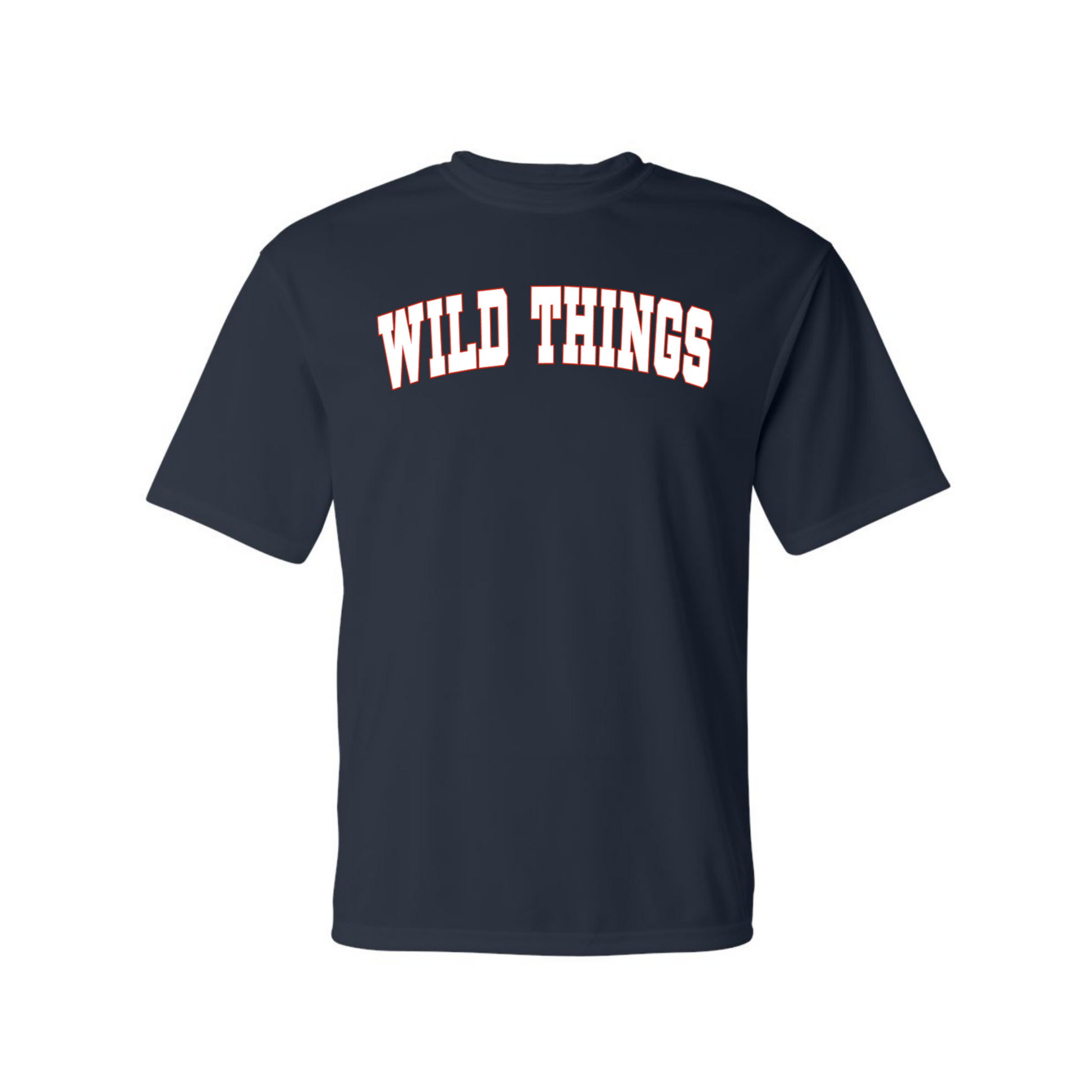 Black t-shirt with 'WILD THINGS' text on a white background