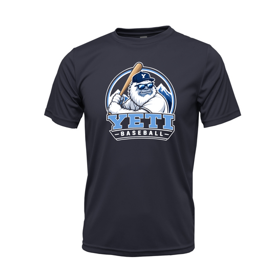 A navy blue short-sleeve t-shirt with a 'YETI BASEBALL' graphic on the chest, featuring a cartoon yeti holding a baseball bat inside a circular logo, shown on a plain white background.