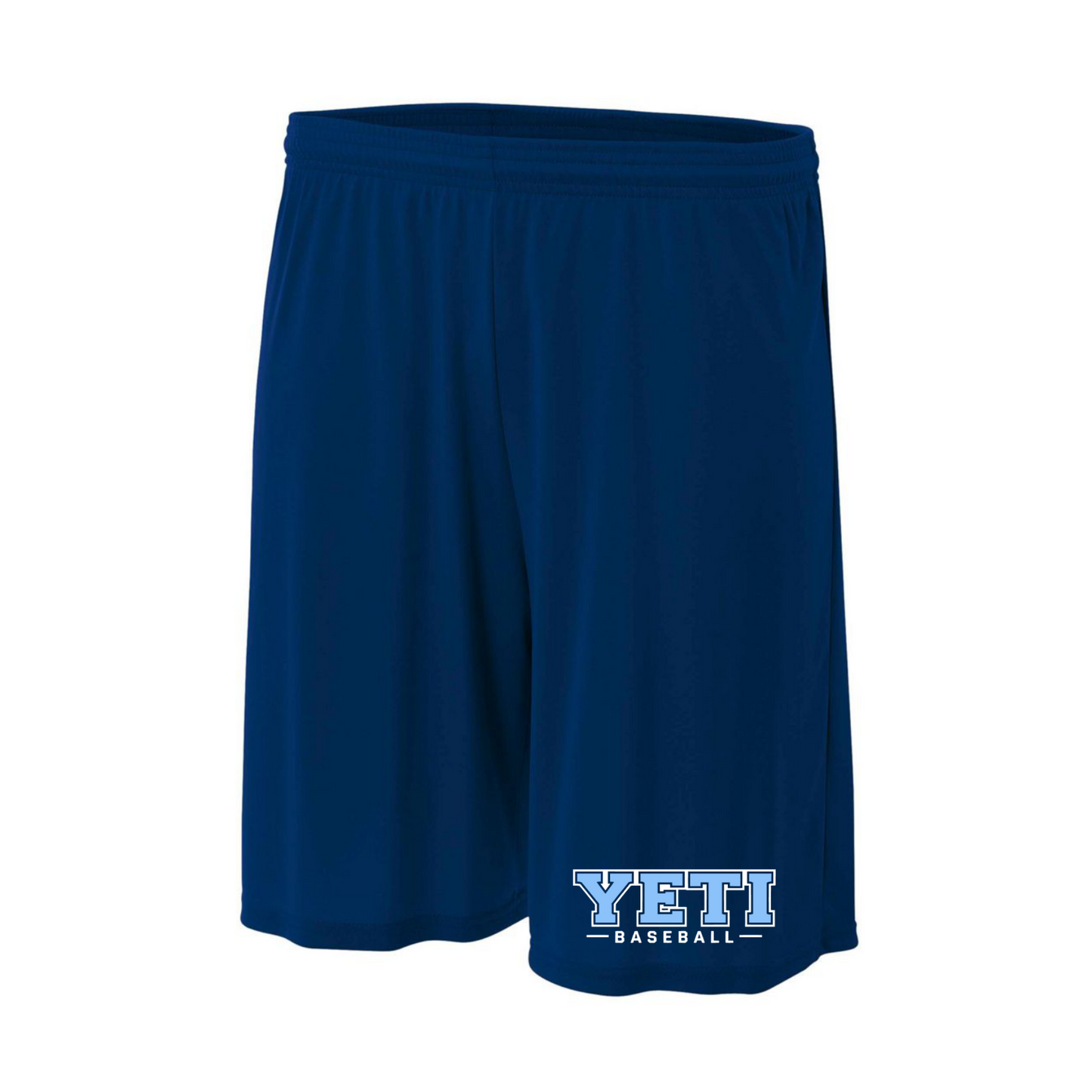 Navy blue shorts with 'YETI BASEBALL' text on a white background