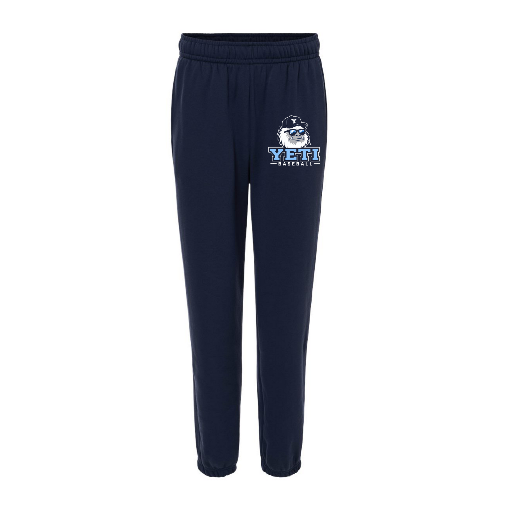 Navy sweatpants with a logo on a white background
