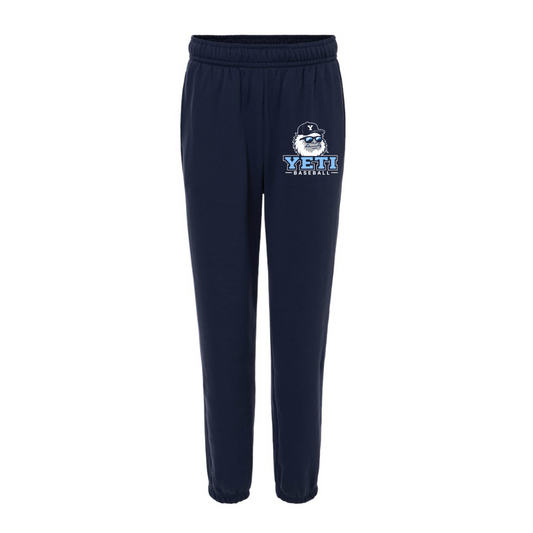 Navy sweatpants with a logo on a white background