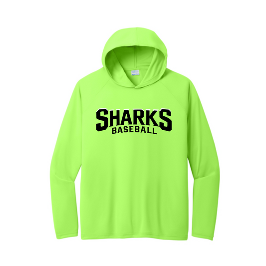 Neon Green Sharks Baseball Hooded Shirt, Sharks Baseball Tee, Long Sleeve Hooded Sharks Baseball