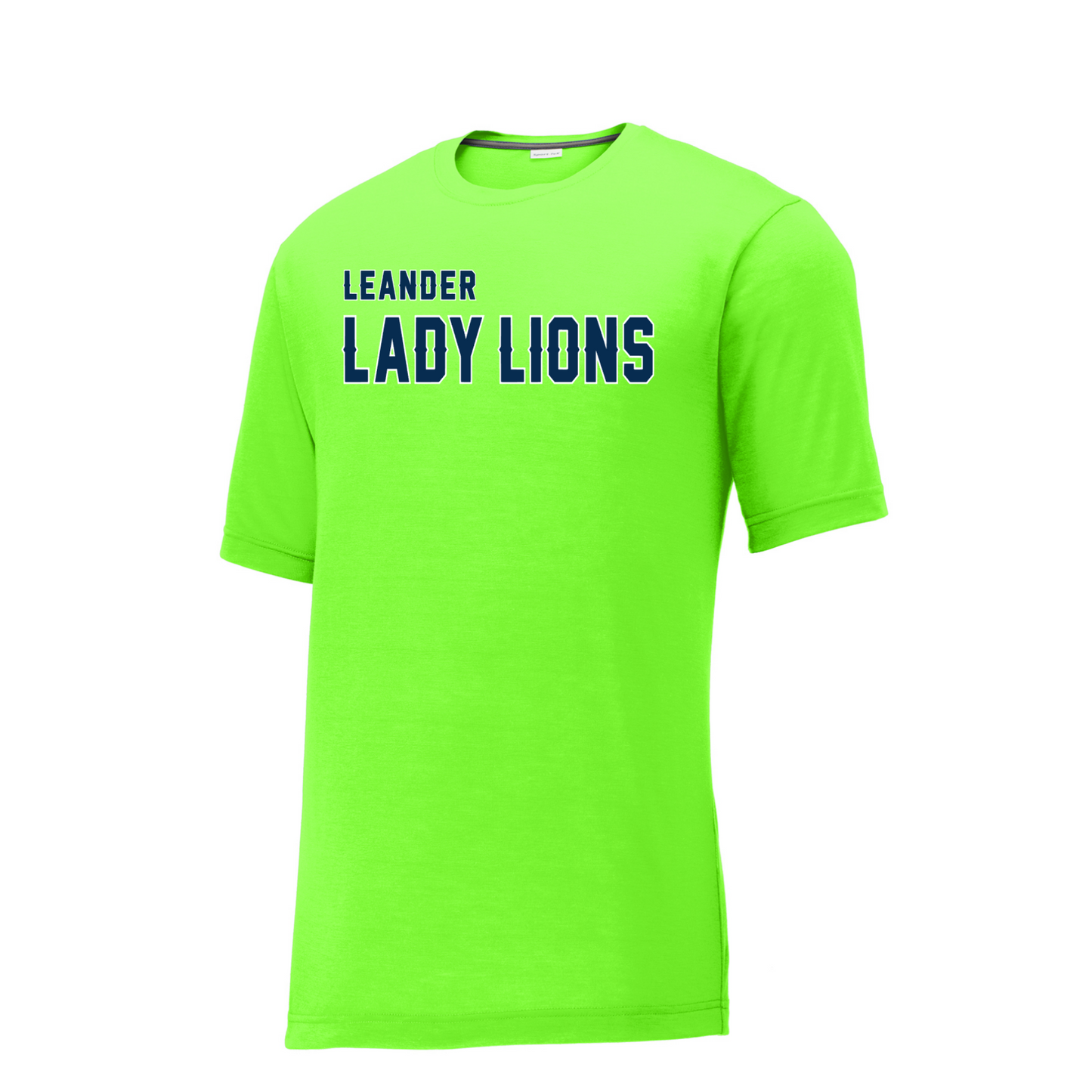 Neon green t-shirt with 'Leander Lady Lions' text on a white background