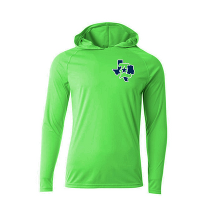 Green hoodie with a Texas-shaped logo on a white background
