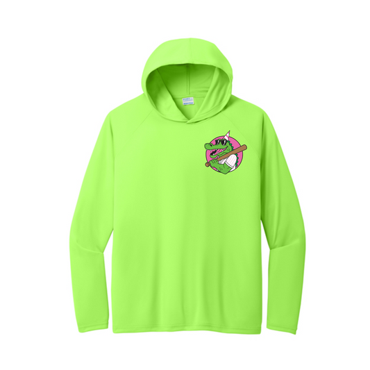 Neon Green Party Gators Baseball Hooded Shirt, Party Gators Baseball Tee, Long Sleeve Hooded Gators Baseball
