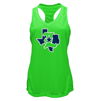 Green tank top with a blue and white graphic on a white background