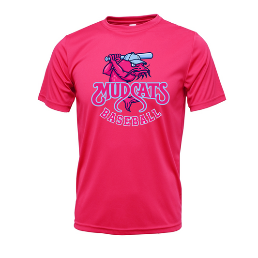 A bright pink short-sleeve athletic t-shirt featuring a 'Mudcats Baseball' graphic on the chest with a cartoon mascot holding a bat.