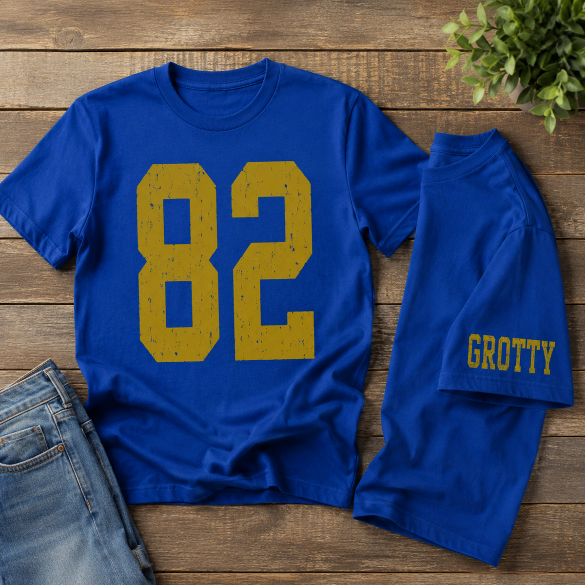 Royal blue Benold Bears custom player spirit shirt with distressed gold number 82 and Grotty name on sleeve