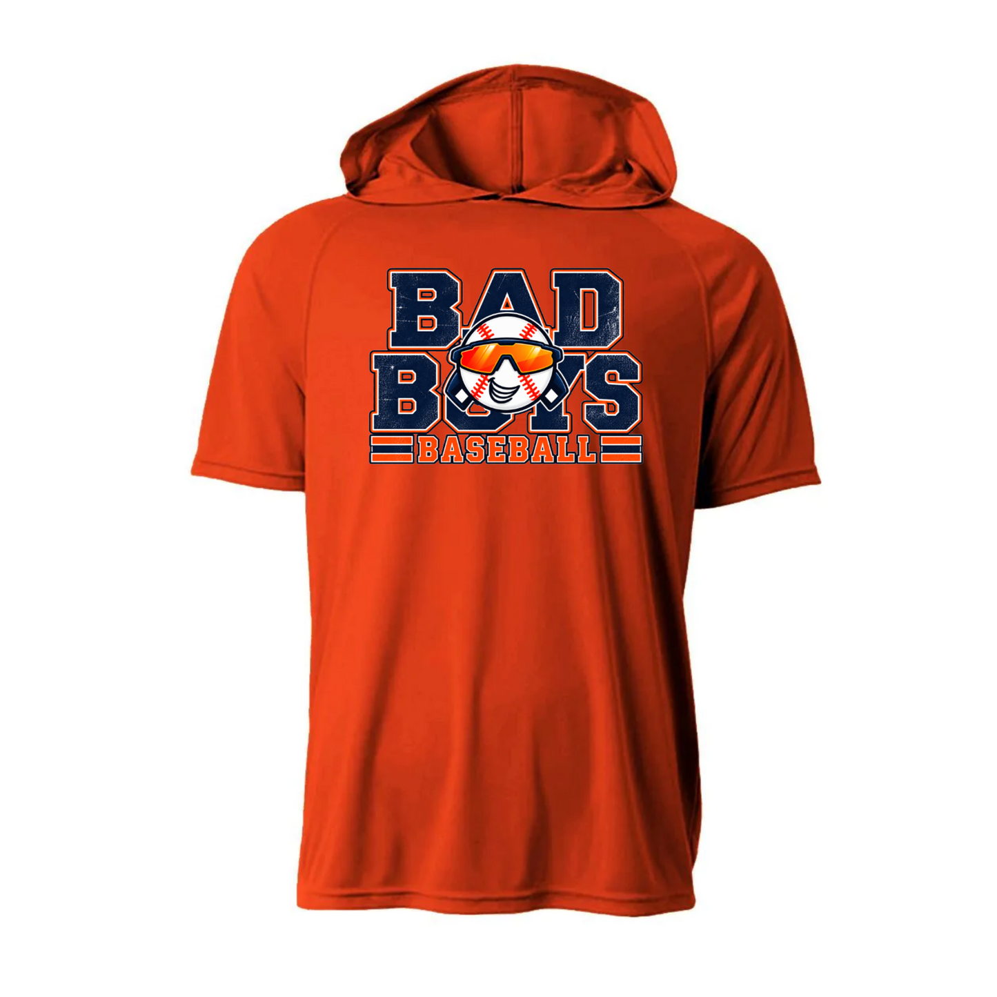 Orange Bad Boys Baseball short sleeve performance hoodie with navy and white baseball graphic