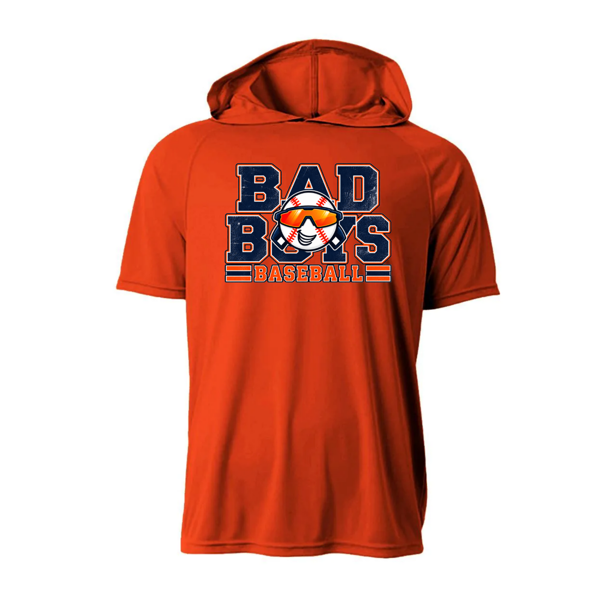 Orange Bad Boys Baseball short sleeve performance hoodie with navy and white baseball graphic