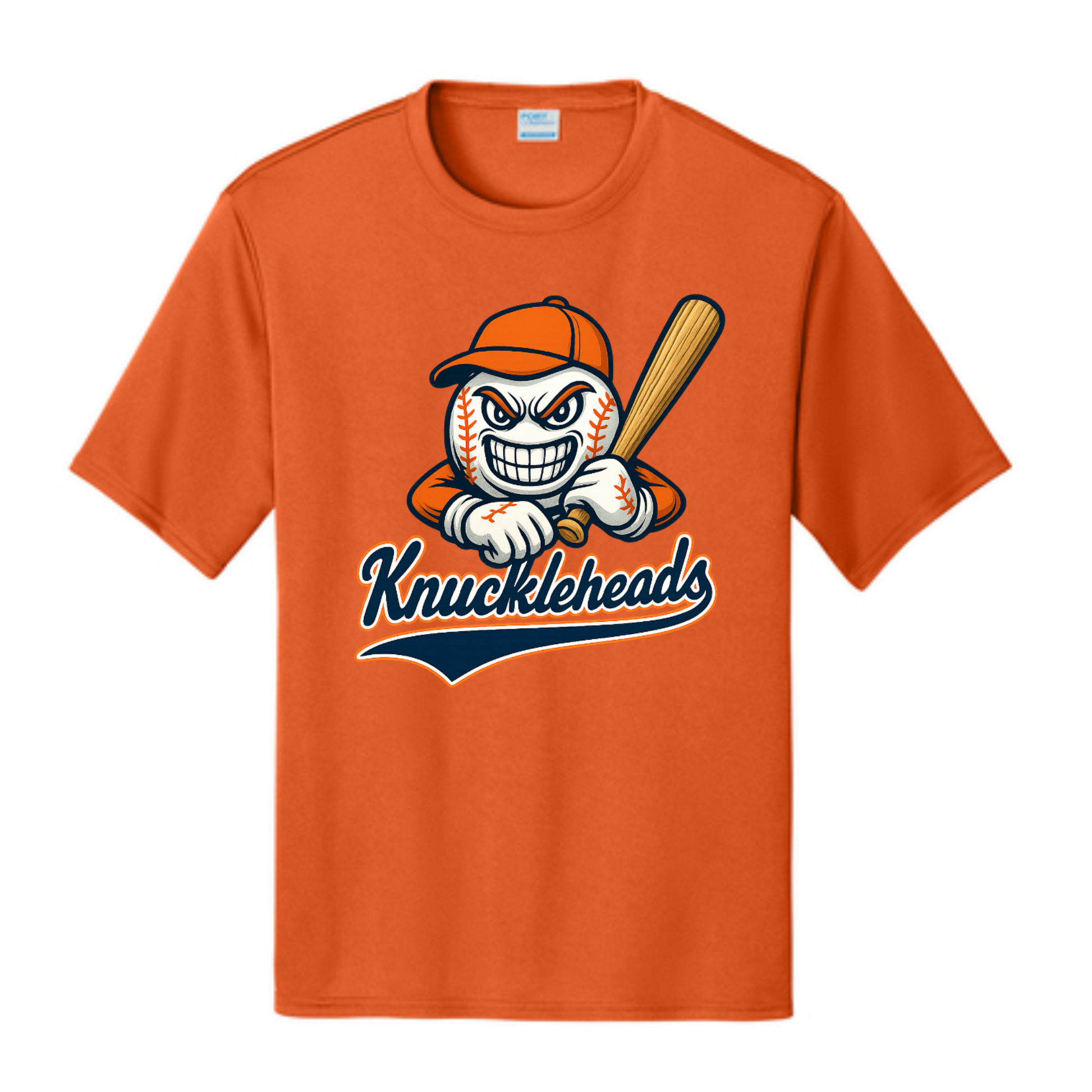 Orange t-shirt with a graphic of a baseball player and 'Knuckleheads' text on a white background