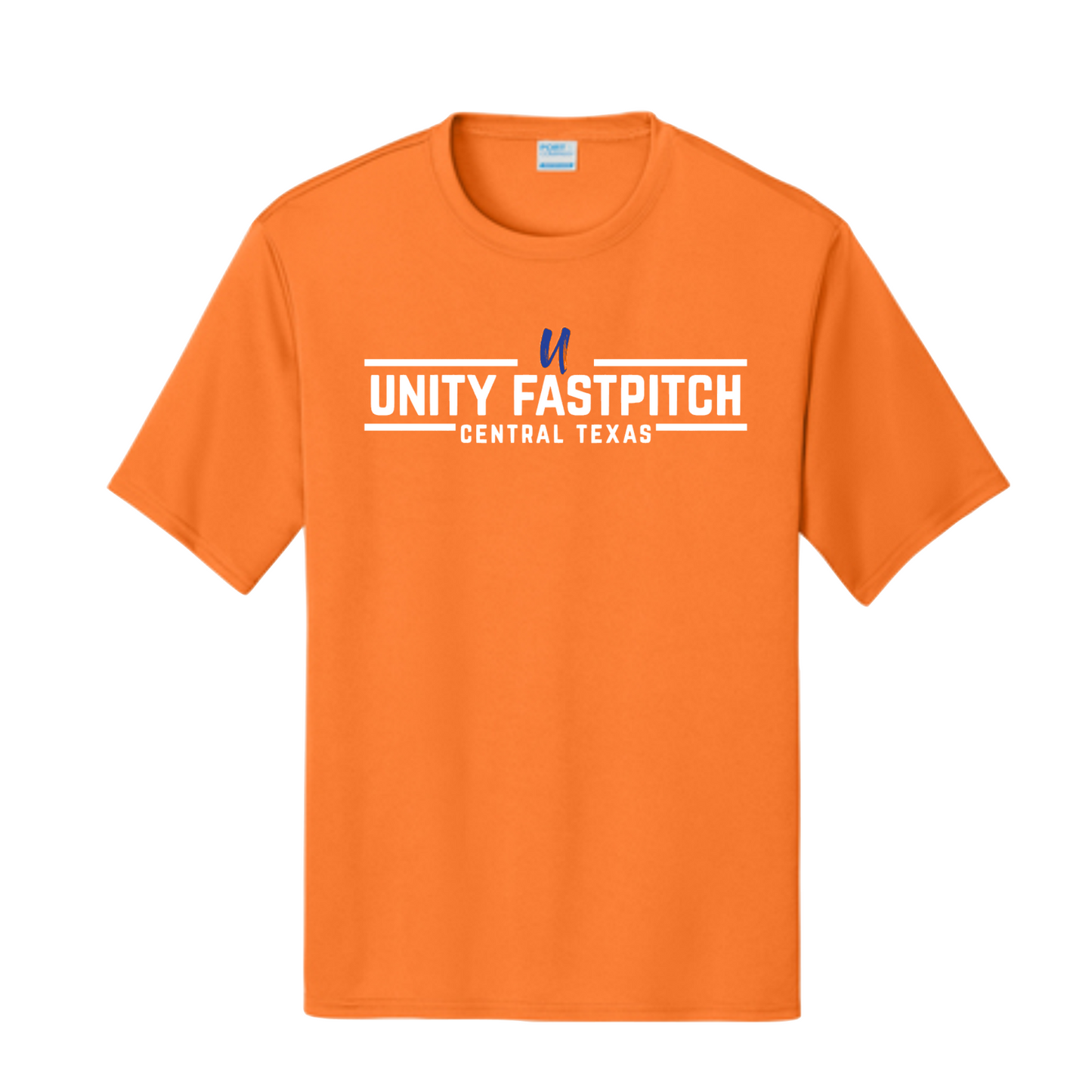 Orange t-shirt with 'Unity Fastpitch Central Texas' text on a white background