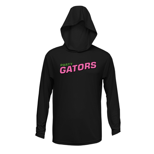 Black Party Gators Hooded Shirt, Party Gators Baseball Tee, Long Sleeve Hooded Party Gators Top