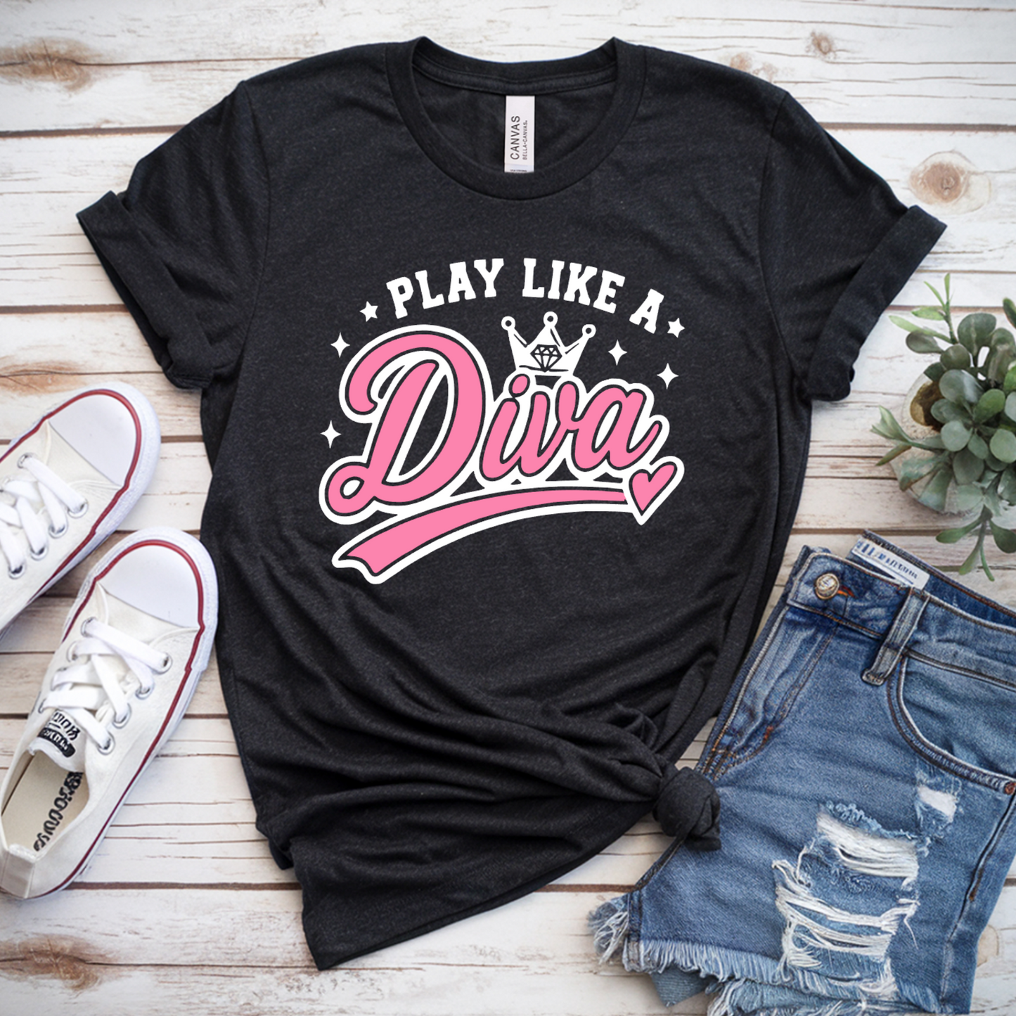 Black Play Like a Diva softball t-shirt with pink and white graphic